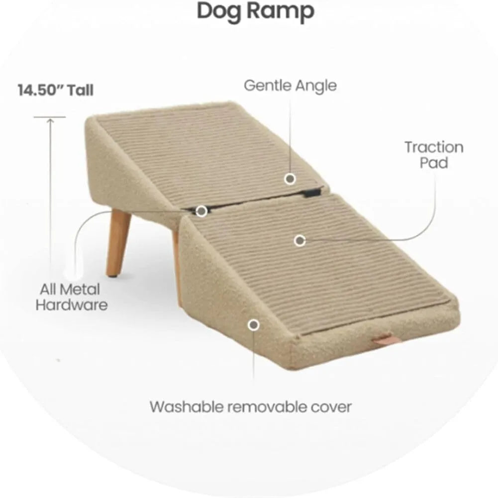 All-in-one dog ramp for small dogs, older dogs, older cats and large pets to climb onto the bed and sofa.