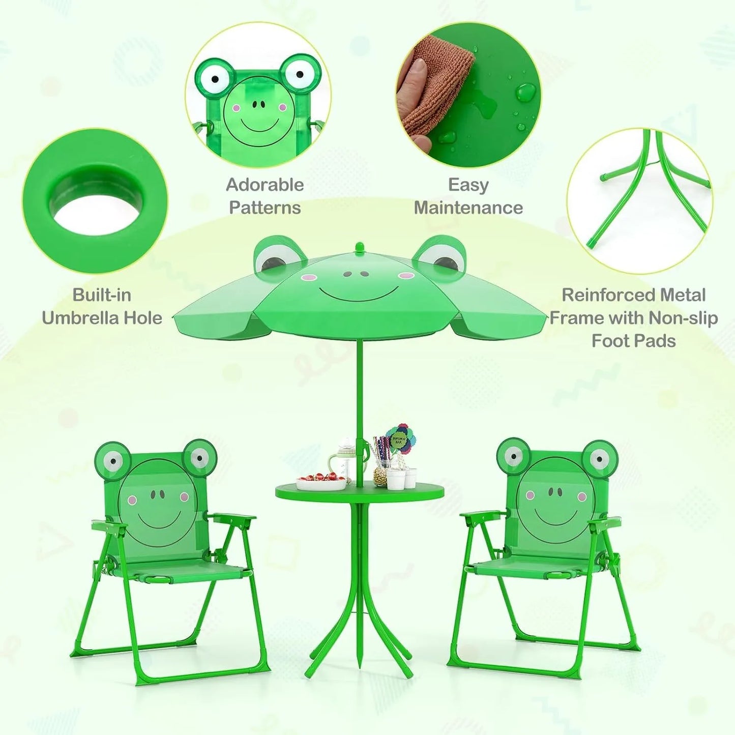 Animal Theme Toddler Outdoor Table and Chair Set, 2 Folding Chairs and Removable Umbrella