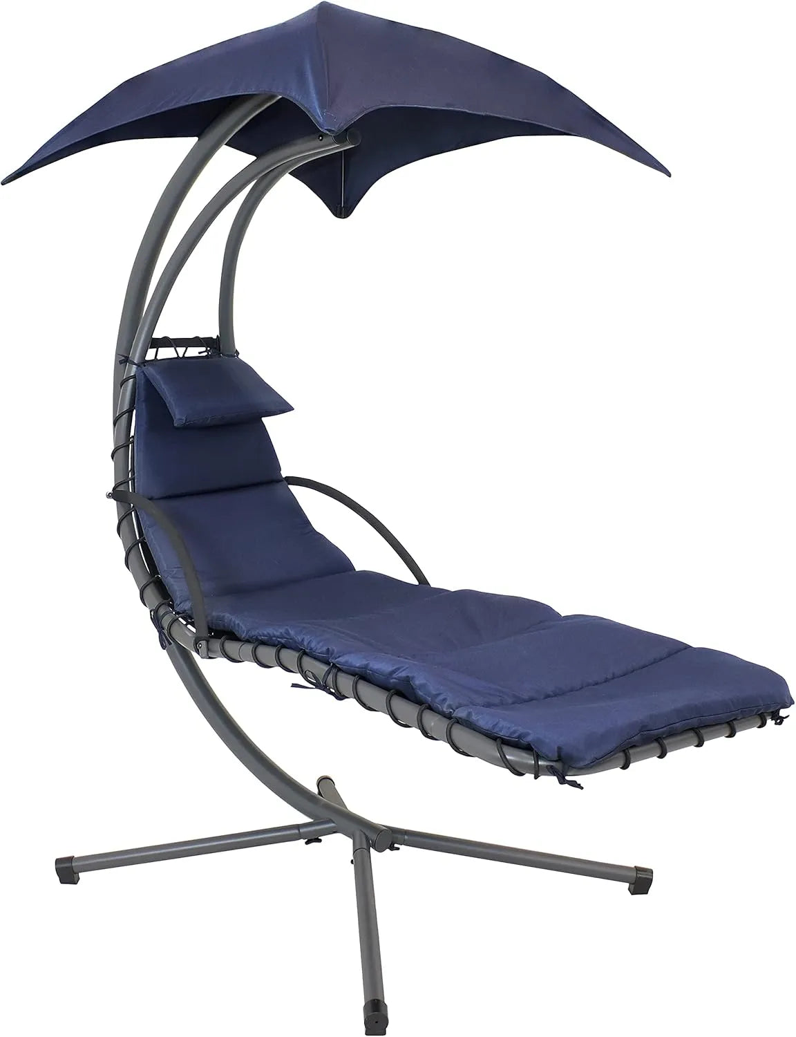 Curved steel hammock lounge chair with cushions and pillows