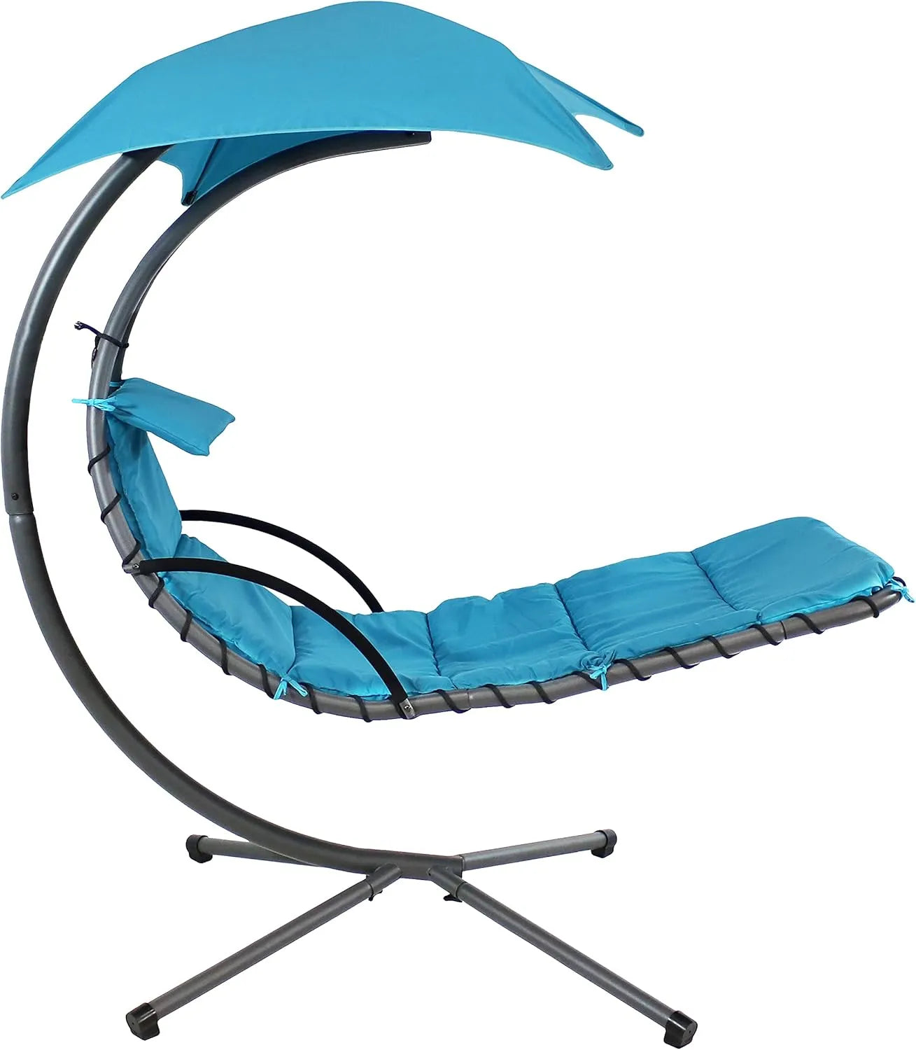 Curved steel hammock lounge chair with cushions and pillows