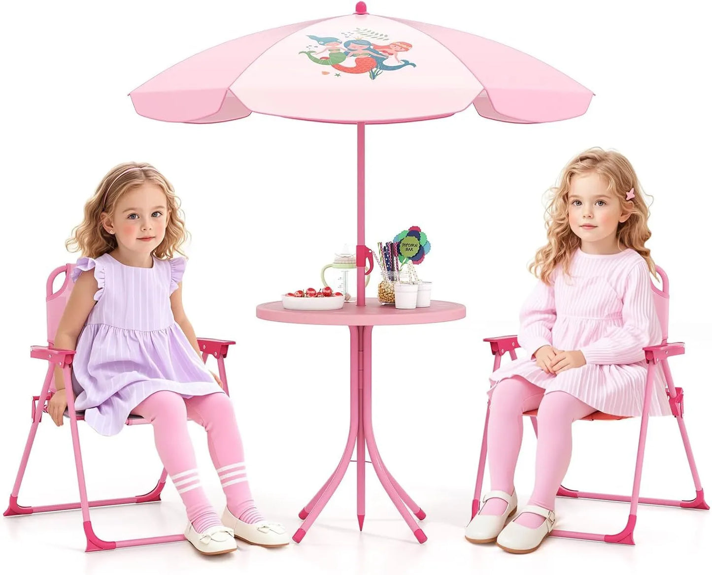 Animal Theme Toddler Outdoor Table and Chair Set, 2 Folding Chairs and Removable Umbrella