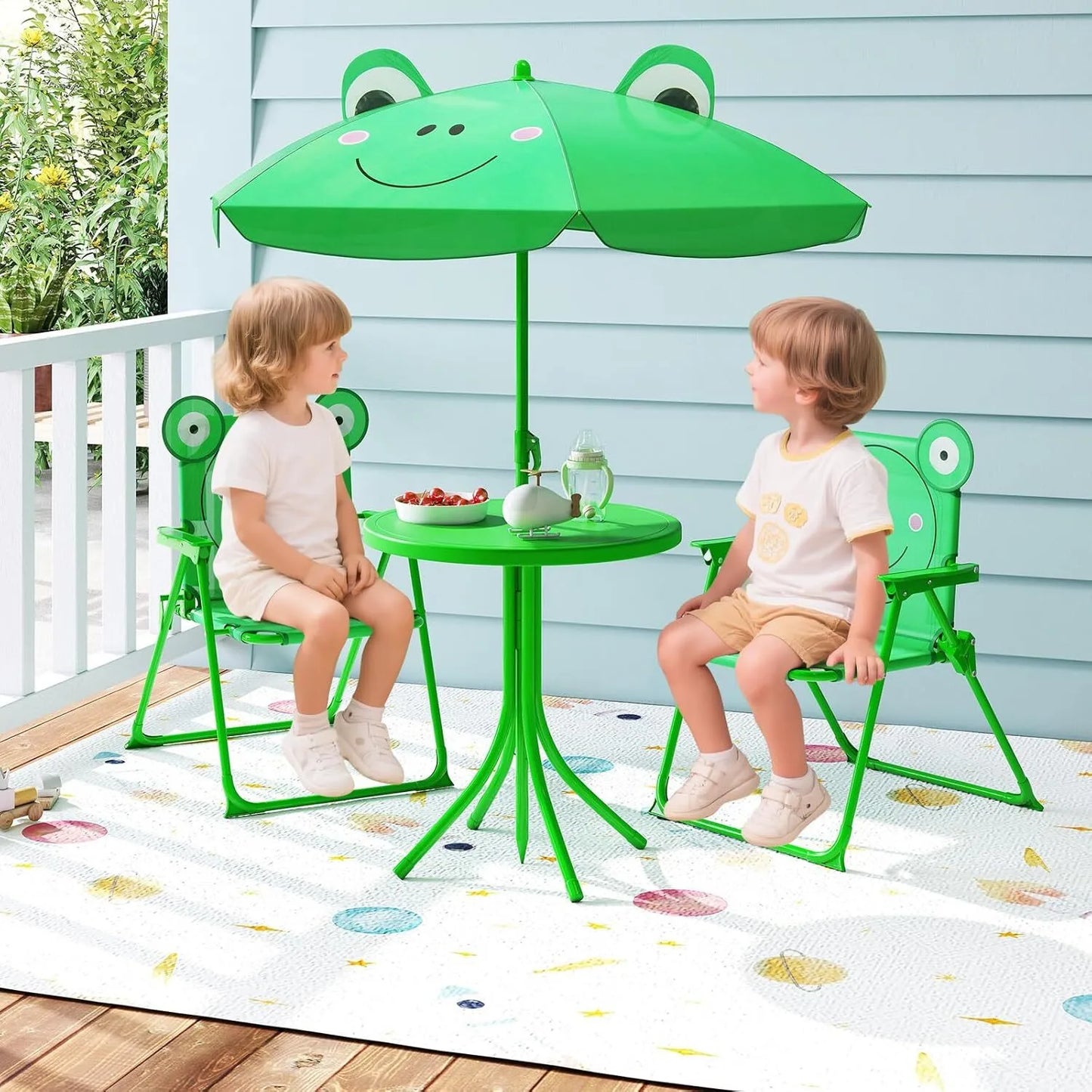 Animal Theme Toddler Outdoor Table and Chair Set, 2 Folding Chairs and Removable Umbrella