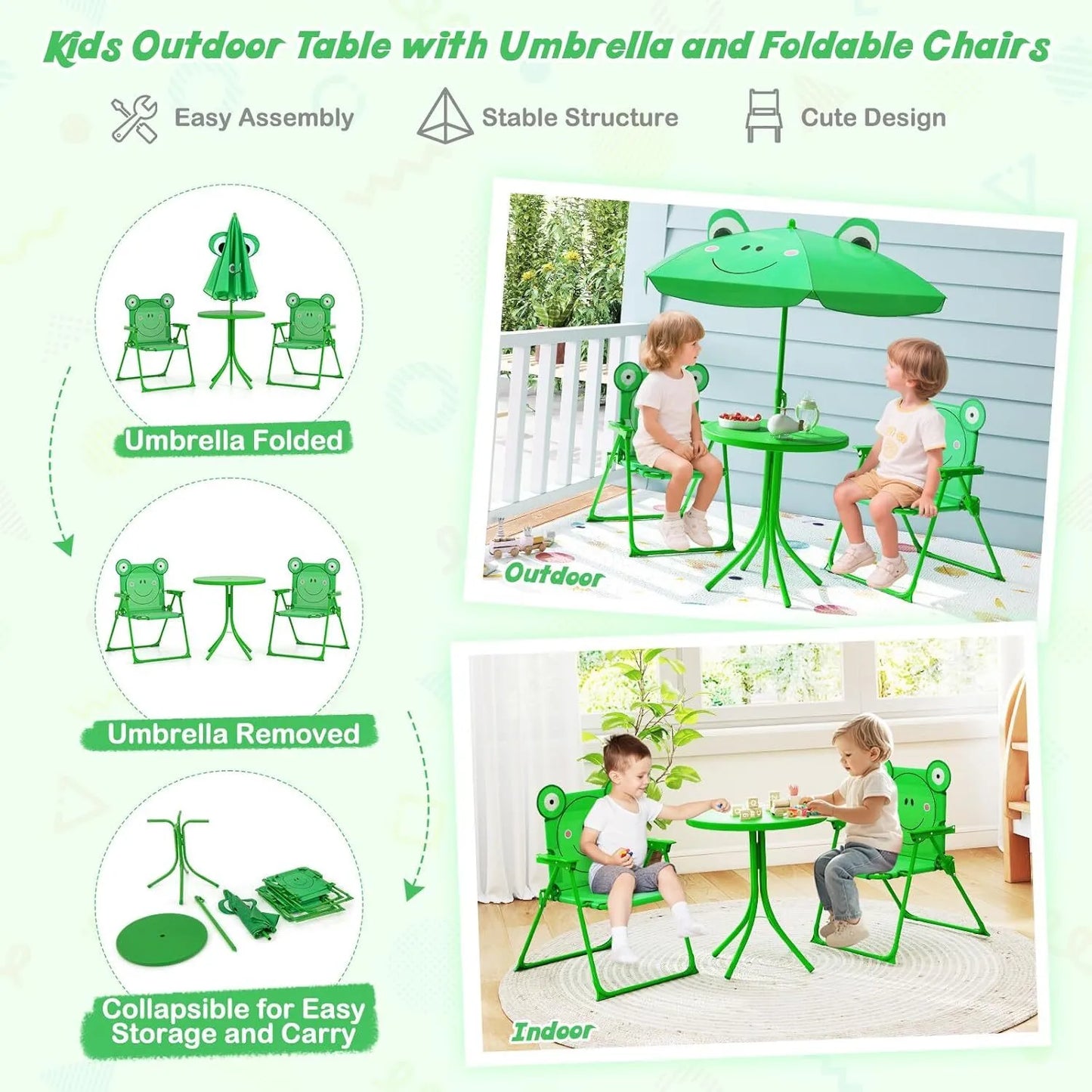 Animal Theme Toddler Outdoor Table and Chair Set, 2 Folding Chairs and Removable Umbrella