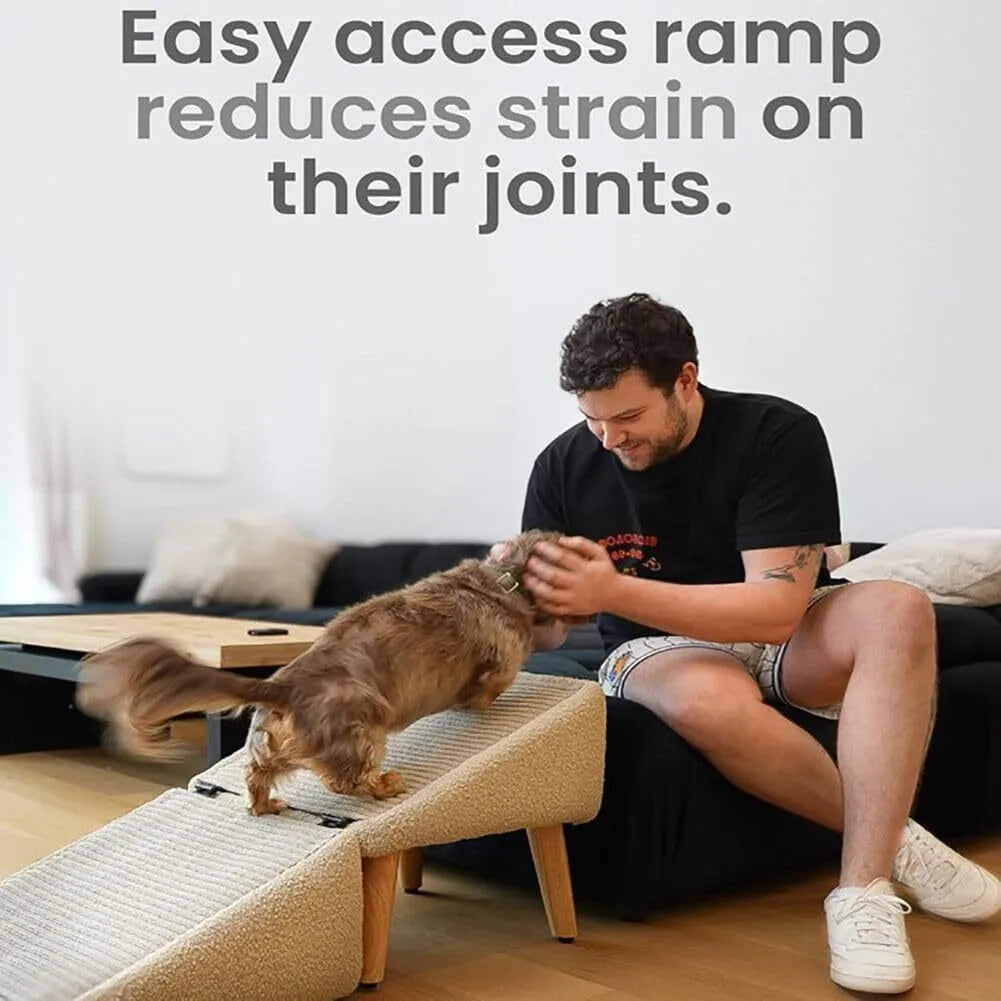 All-in-one dog ramp for small dogs, older dogs, older cats and large pets to climb onto the bed and sofa.