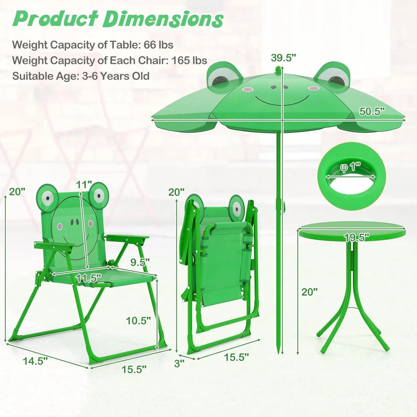 Animal Theme Toddler Outdoor Table and Chair Set, 2 Folding Chairs and Removable Umbrella