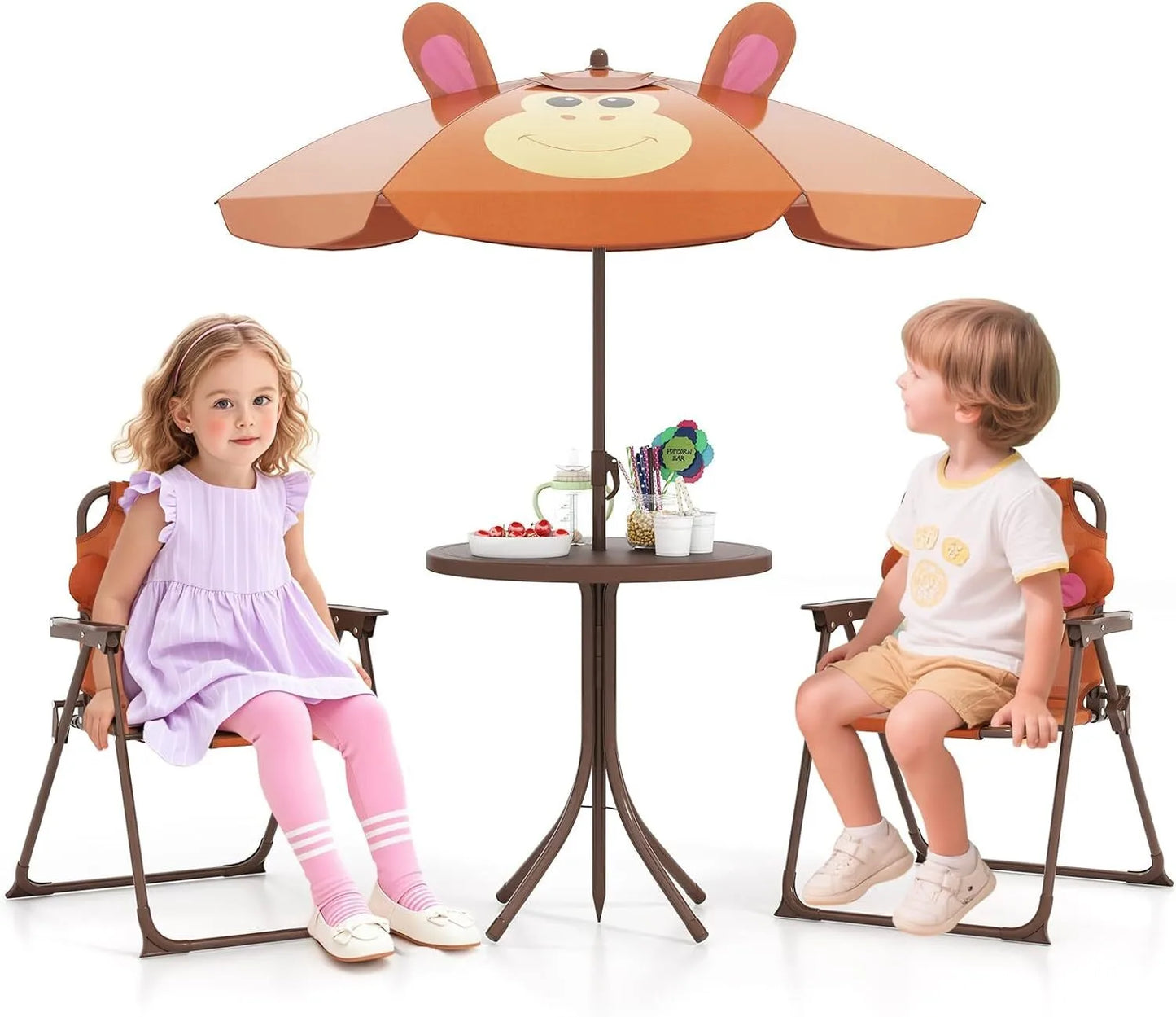 Animal Theme Toddler Outdoor Table and Chair Set, 2 Folding Chairs and Removable Umbrella
