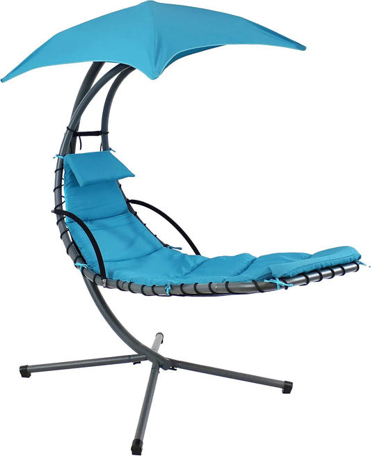 Curved steel hammock lounge chair with cushions and pillows