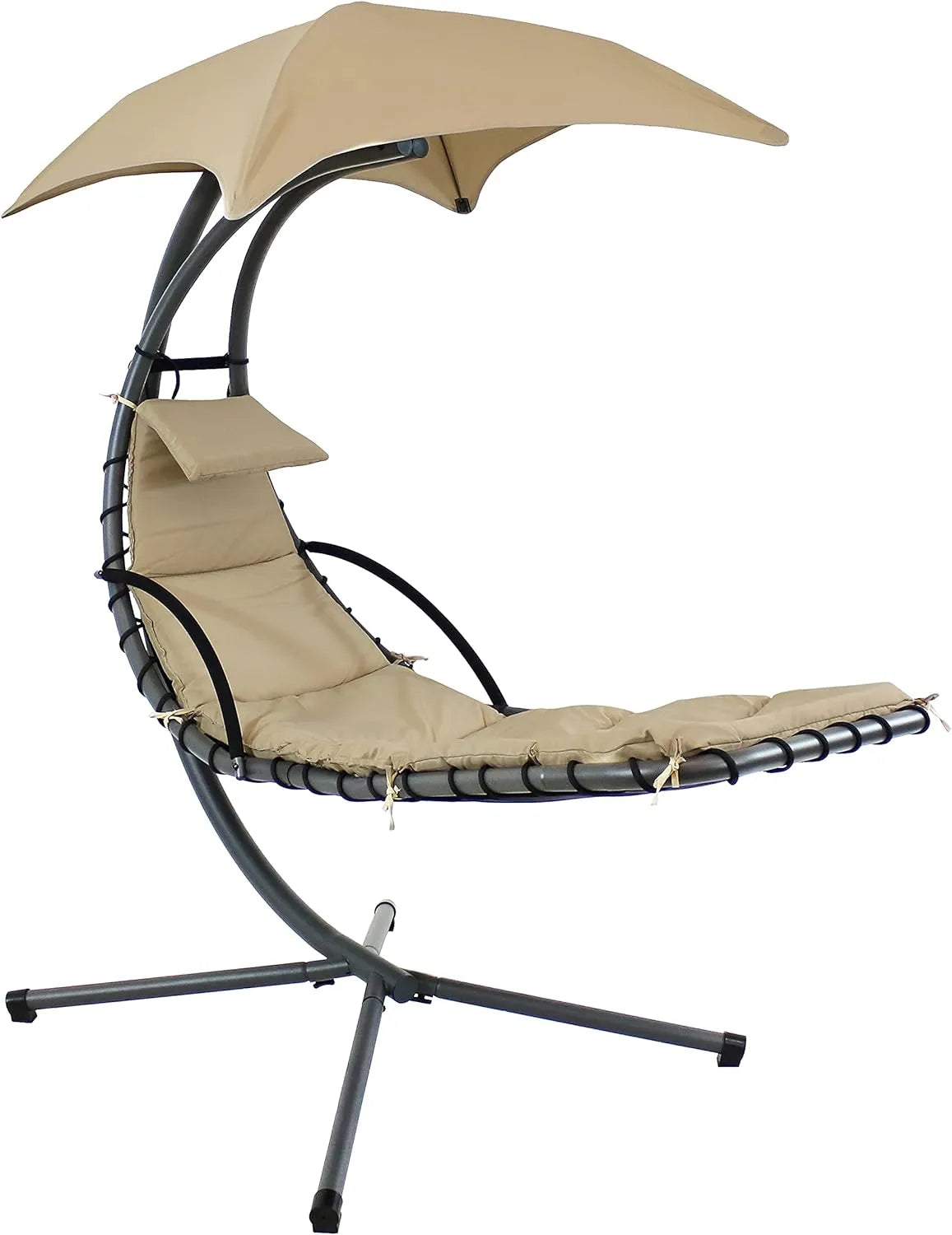 Curved steel hammock lounge chair with cushions and pillows