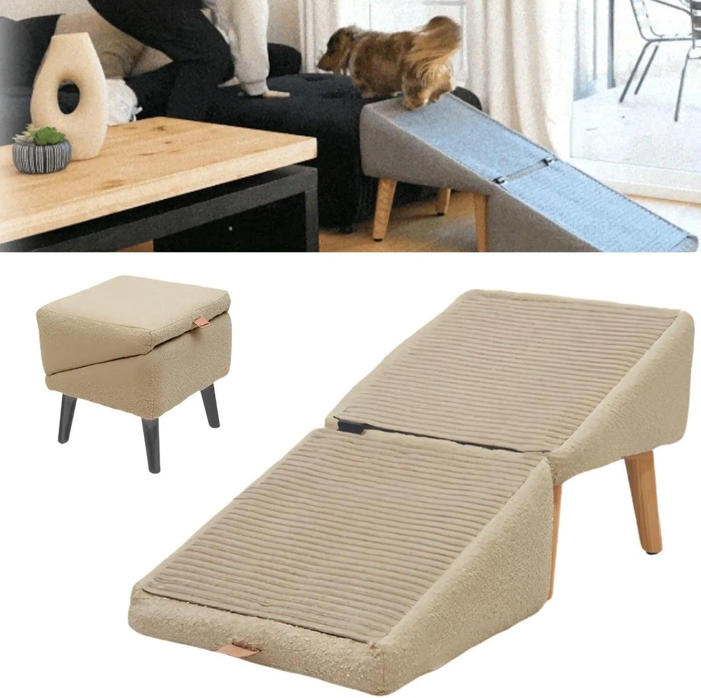 All-in-one dog ramp for small dogs, older dogs, older cats and large pets to climb onto the bed and sofa.