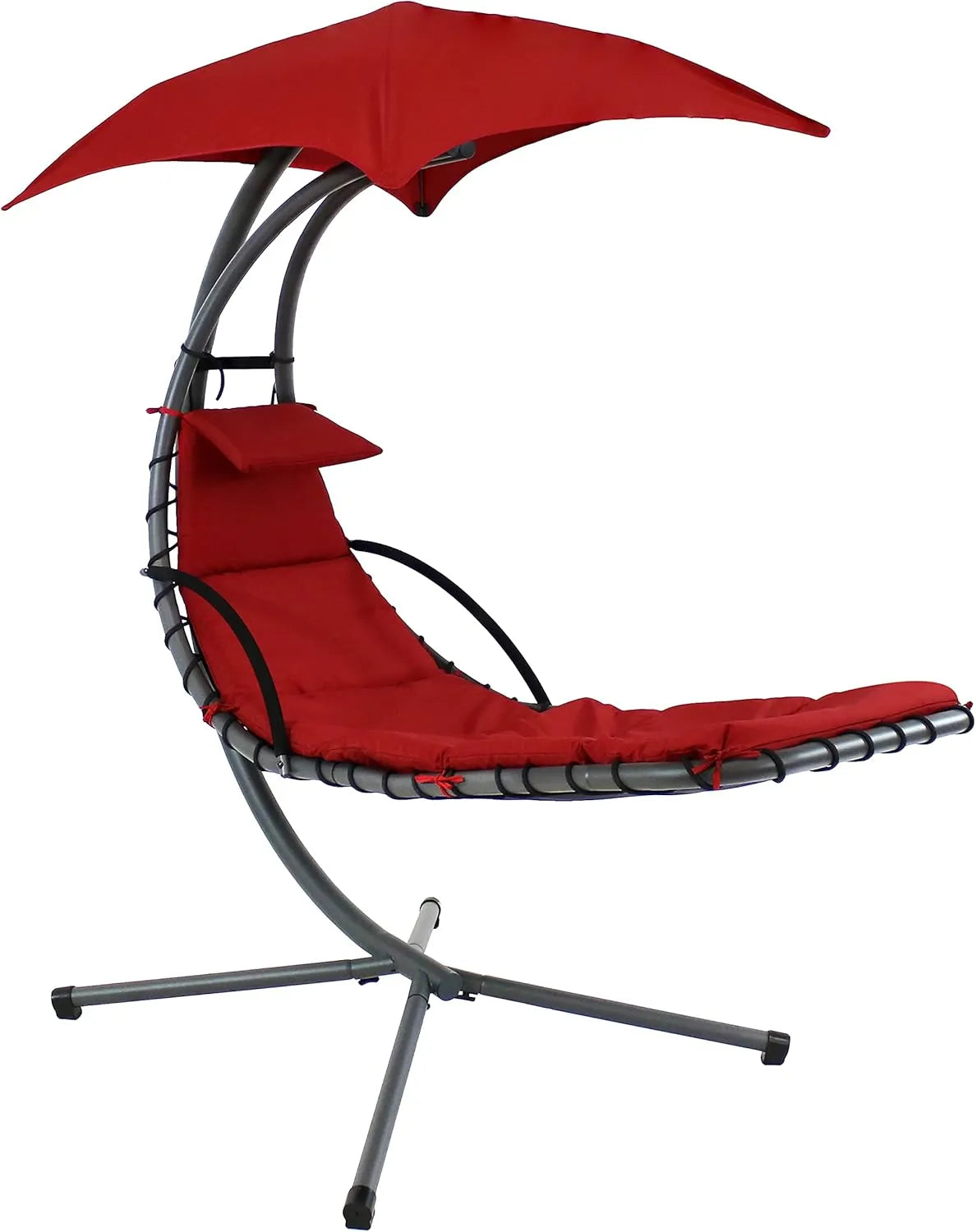 Curved steel hammock lounge chair with cushions and pillows