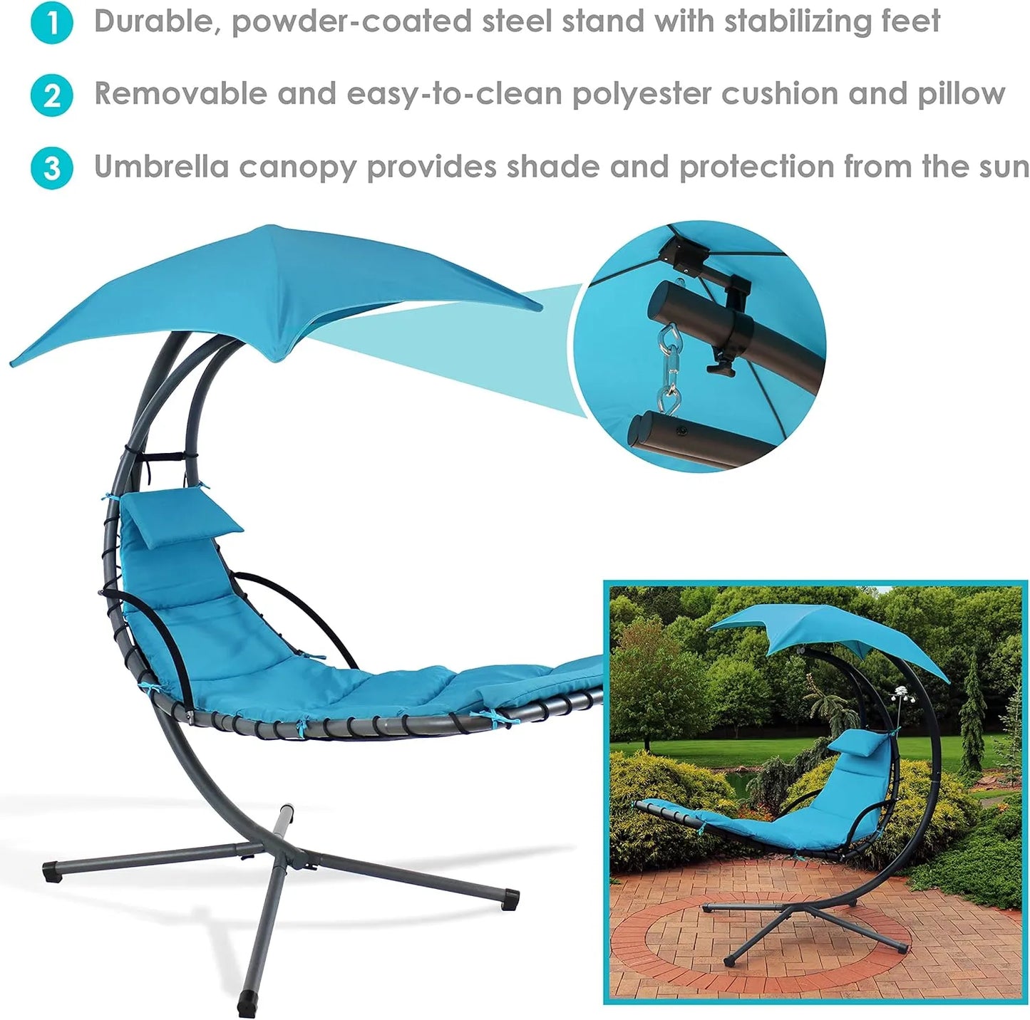 Curved steel hammock lounge chair with cushions and pillows
