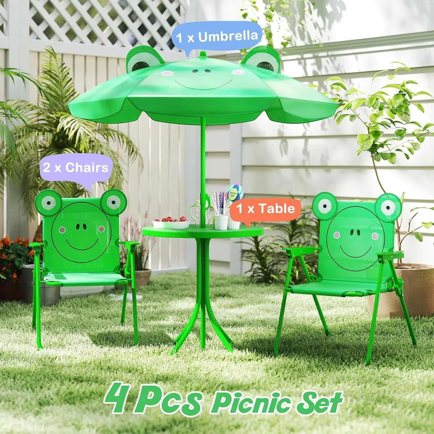 Animal Theme Toddler Outdoor Table and Chair Set, 2 Folding Chairs and Removable Umbrella
