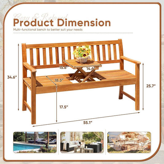 Patio Wooden Bench with Pull-Out Center Table Outdoor Lounger